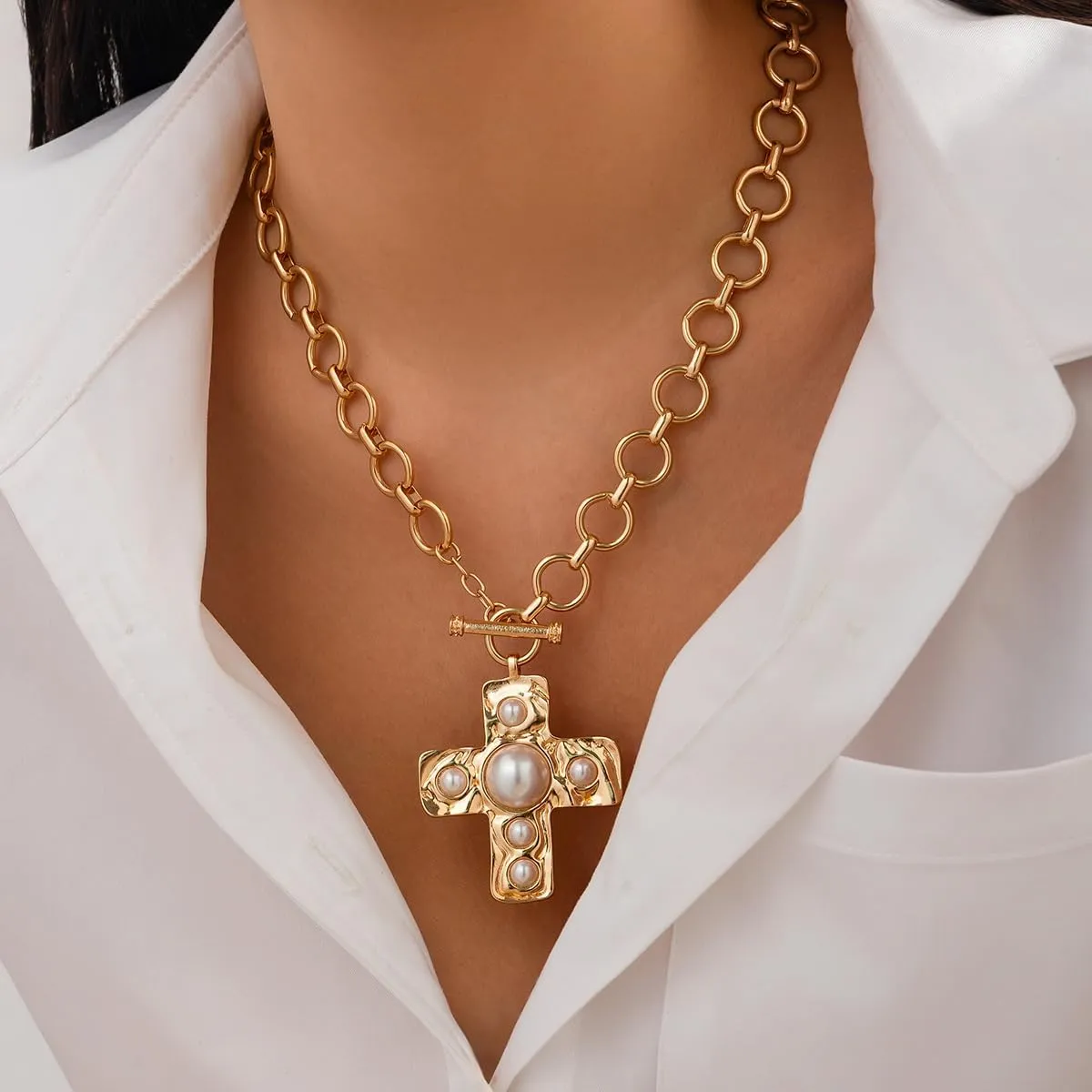 Pearl Cross Necklace for Women Chunky Gold Cross Necklace Layered Cross Pearl Stacked Choker Necklace OT Buckle Chain Chunky Gold Statement Cross Pendant Necklace