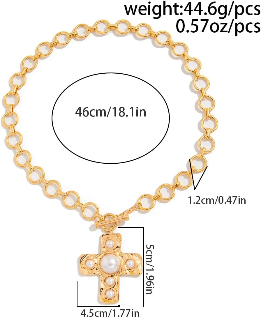 Pearl Cross Necklace for Women Chunky Gold Cross Necklace Layered Cross Pearl Stacked Choker Necklace OT Buckle Chain Chunky Gold Statement Cross Pendant Necklace