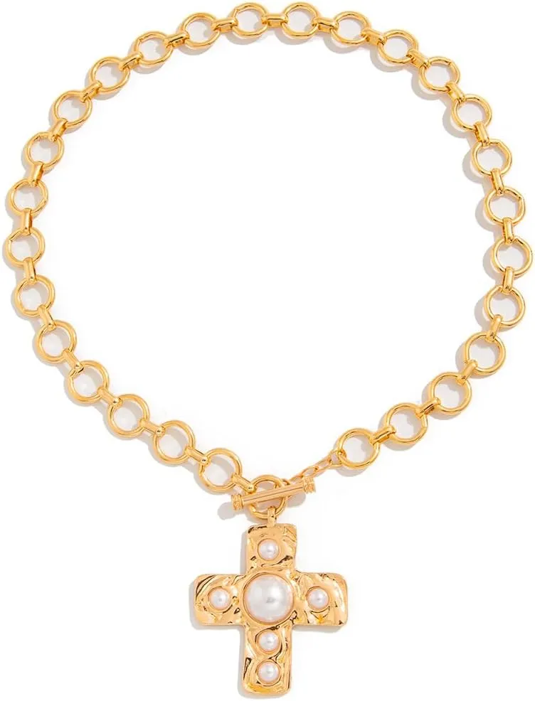Pearl Cross Necklace for Women Chunky Gold Cross Necklace Layered Cross Pearl Stacked Choker Necklace OT Buckle Chain Chunky Gold Statement Cross Pendant Necklace