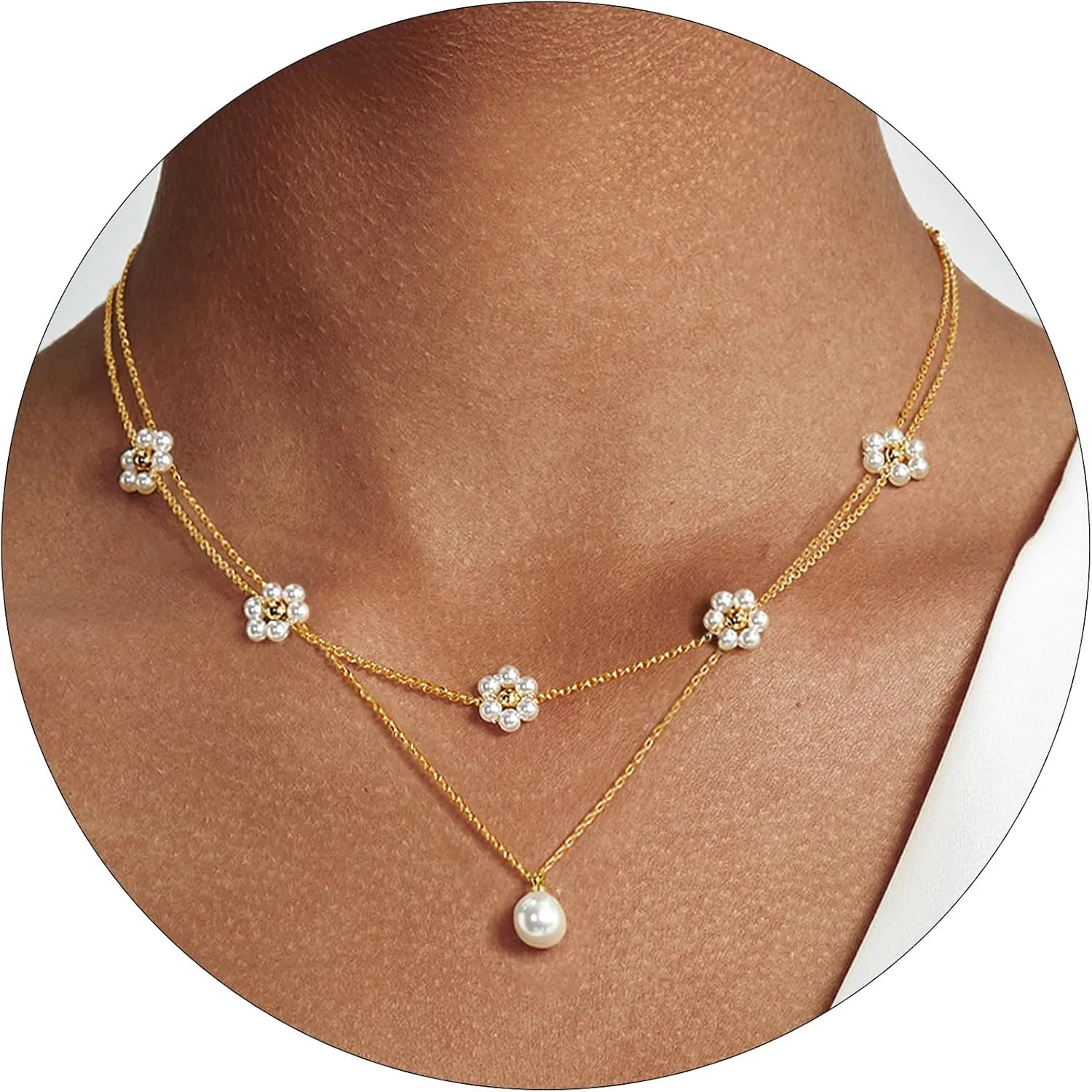 Pearl Necklace for Women Trendy 14K Gold Plated Dainty Pearl Pendant Choker Set Handmade Pearl Gold Necklace Non Tarnish Simple Cute Jewelry Gifts for Women