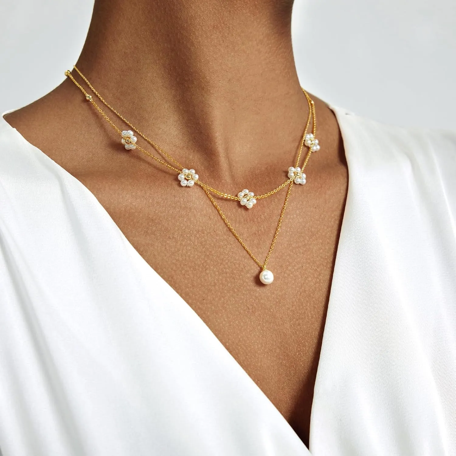 Pearl Necklace for Women Trendy 14K Gold Plated Dainty Pearl Pendant Choker Set Handmade Pearl Gold Necklace Non Tarnish Simple Cute Jewelry Gifts for Women
