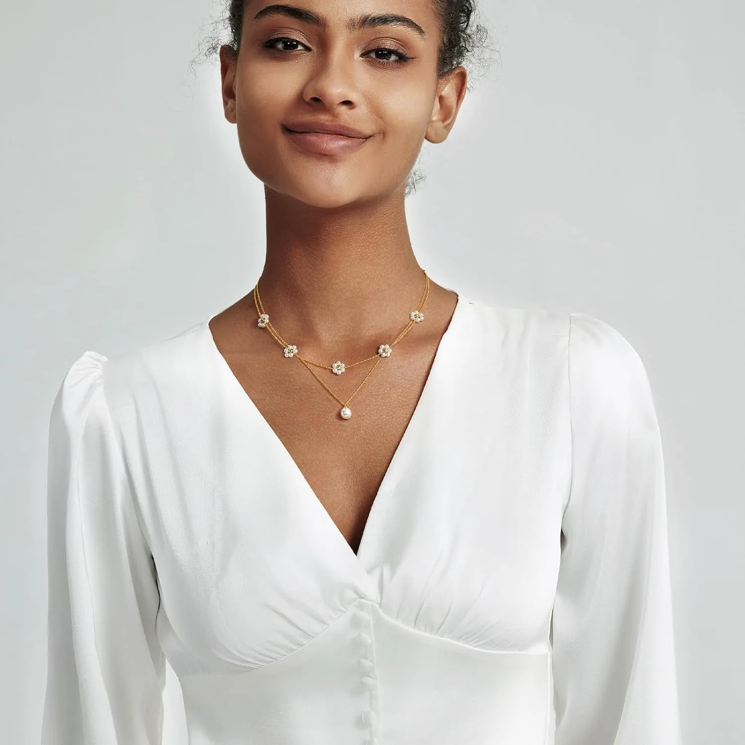 Pearl Necklace for Women Trendy 14K Gold Plated Dainty Pearl Pendant Choker Set Handmade Pearl Gold Necklace Non Tarnish Simple Cute Jewelry Gifts for Women