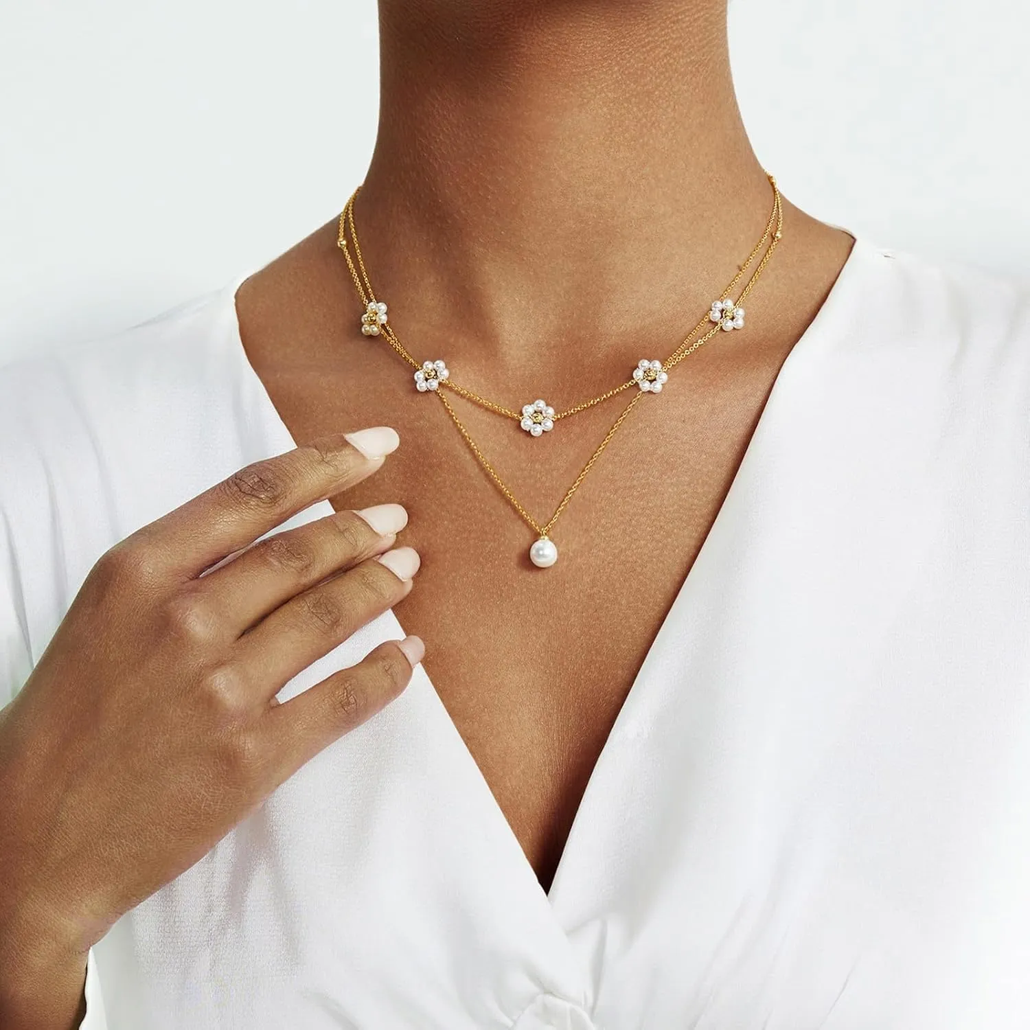 Pearl Necklace for Women Trendy 14K Gold Plated Dainty Pearl Pendant Choker Set Handmade Pearl Gold Necklace Non Tarnish Simple Cute Jewelry Gifts for Women
