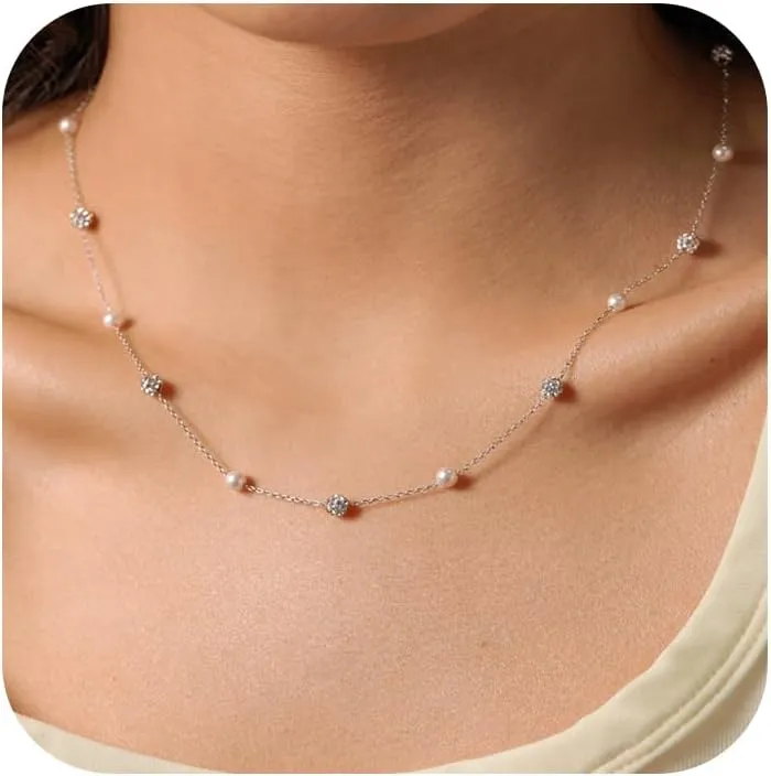 Pearl Necklaces for Women As Graduation Gifts, 925 Sterling Silver Pearl Drop Y Necklace with Sparkle Cubic Zirconia Ball Necklace for College Graduation Gifts Pearl Choker Necklace 18.31''