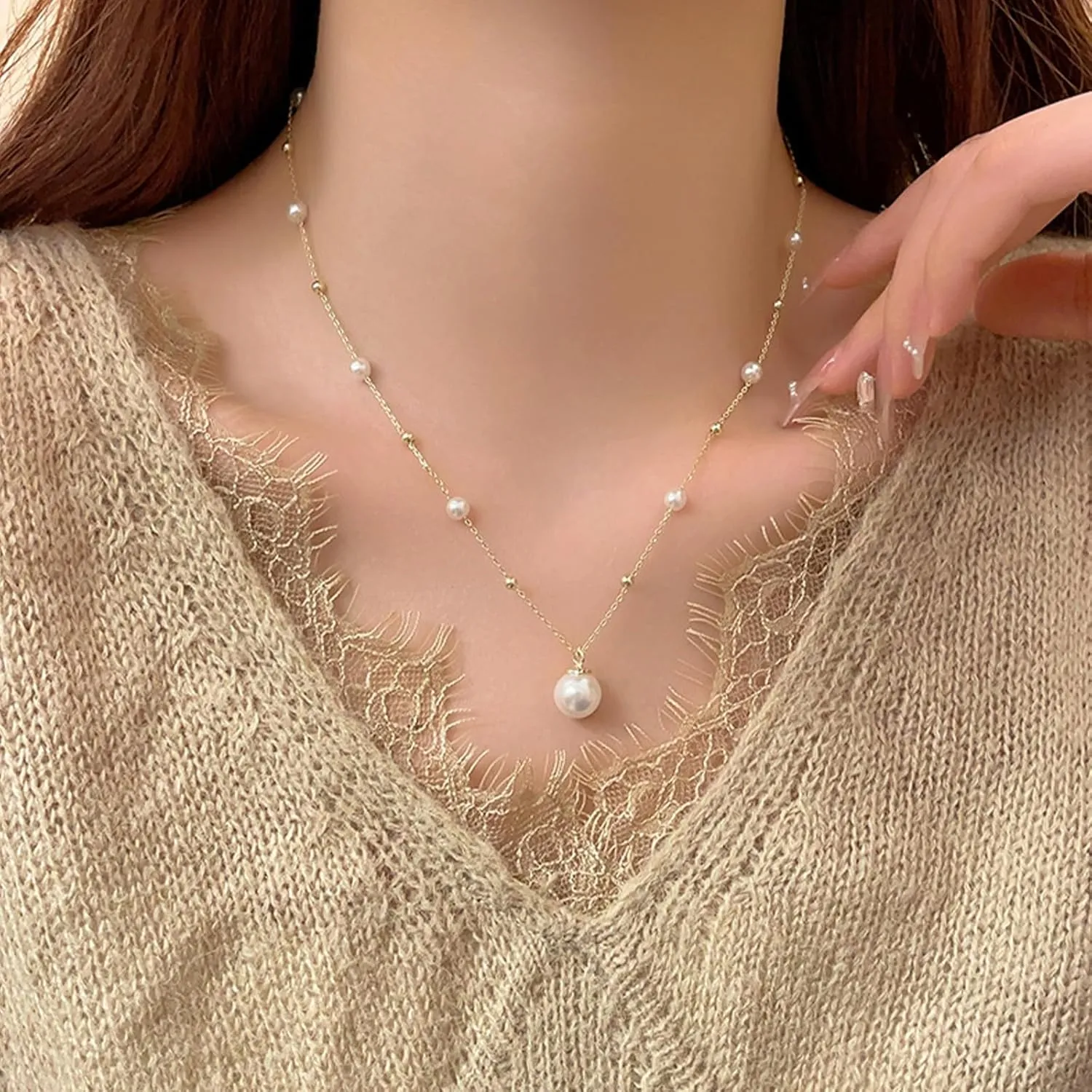 Pearl Necklaces for Women Dainty Pearl Charm Necklace Trendy 14k Gold Pearl Necklace Stacked Pearl Jewelry Gifts for Women Trendy Stuff Wedding Jewelry
