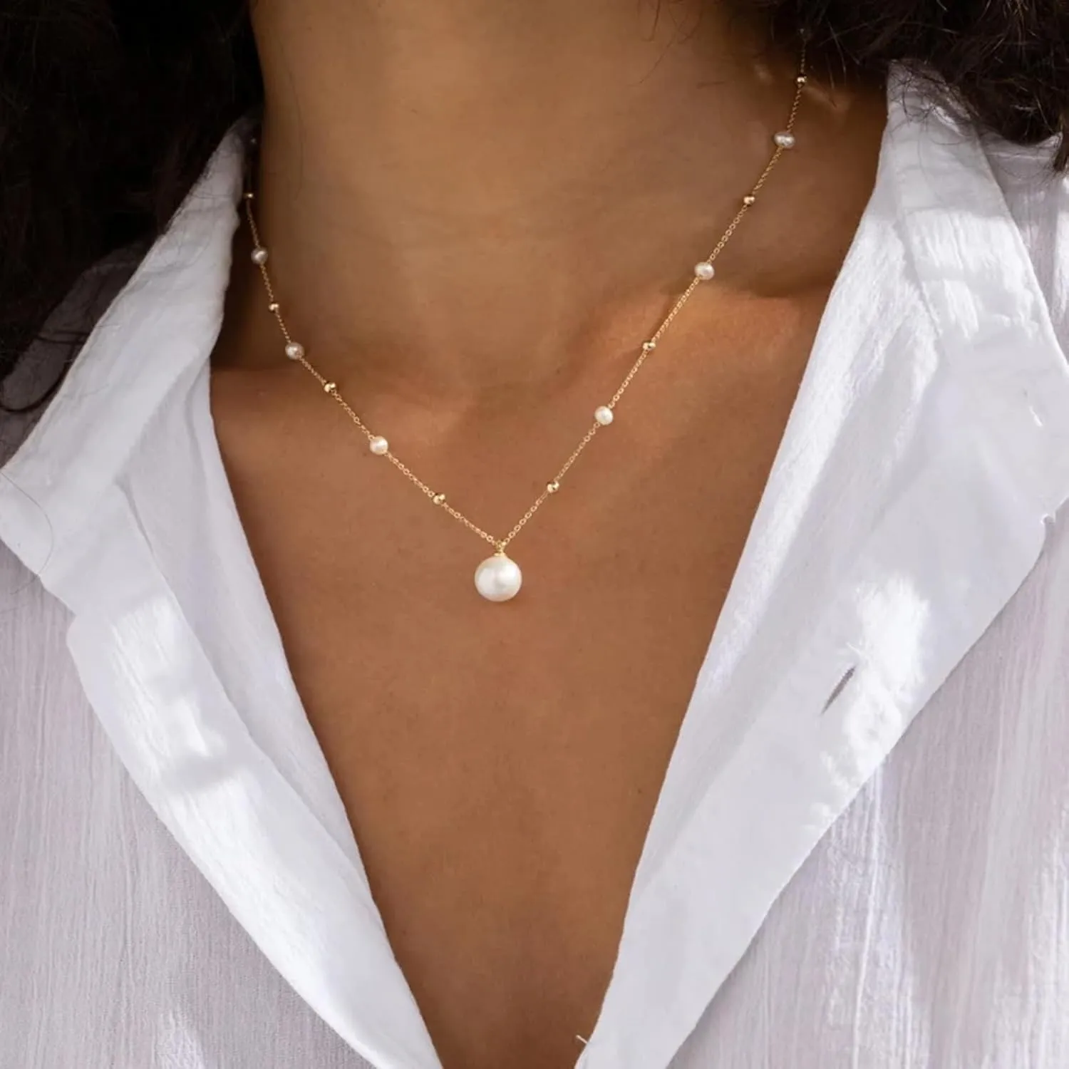 Pearl Necklaces for Women Dainty Pearl Charm Necklace Trendy 14k Gold Pearl Necklace Stacked Pearl Jewelry Gifts for Women Trendy Stuff Wedding Jewelry