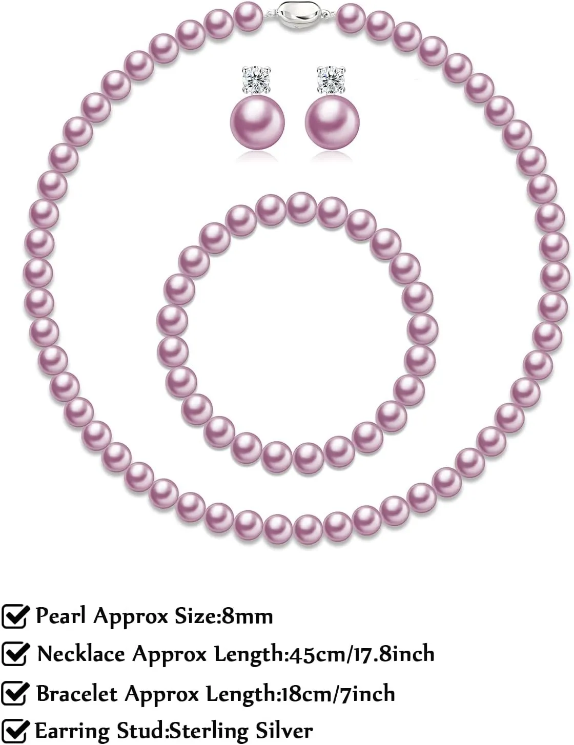 Pearl Necklaces for Women,8mm Pearl Necklace and Earring Bracelet Jewelry Set for Women Men Wedding Birthday Valentine Christmas Day Gifts