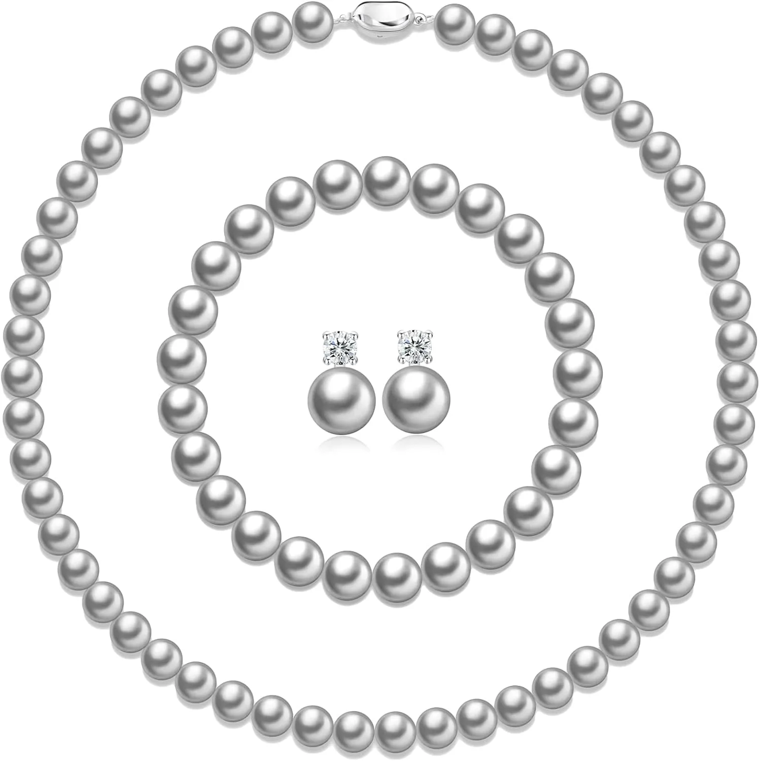 Pearl Necklaces for Women,8mm Pearl Necklace and Earring Bracelet Jewelry Set for Women Men Wedding Birthday Valentine Christmas Day Gifts