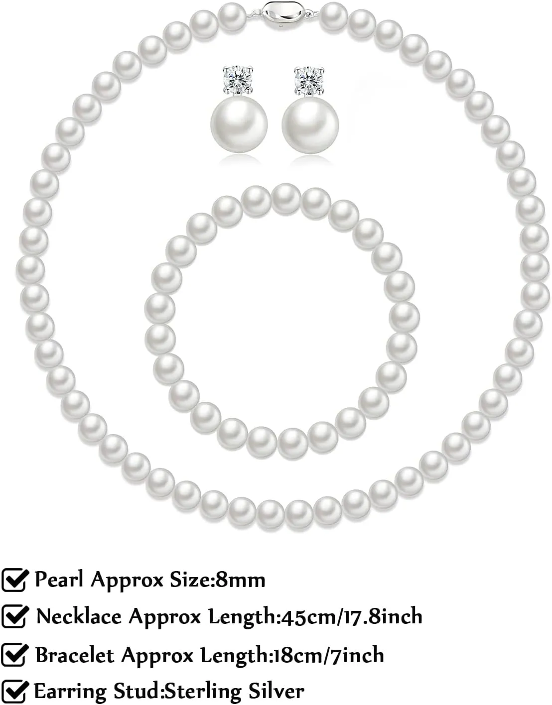 Pearl Necklaces for Women,8mm Pearl Necklace and Earring Bracelet Jewelry Set for Women Men Wedding Birthday Valentine Christmas Day Gifts