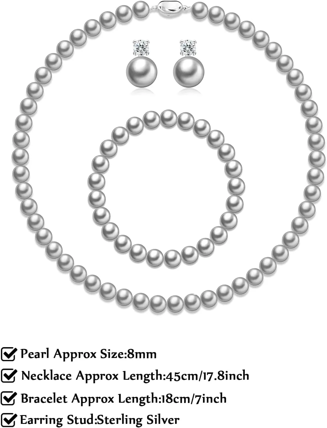 Pearl Necklaces for Women,8mm Pearl Necklace and Earring Bracelet Jewelry Set for Women Men Wedding Birthday Valentine Christmas Day Gifts
