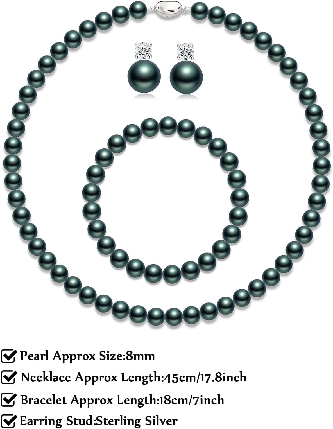 Pearl Necklaces for Women,8mm Pearl Necklace and Earring Bracelet Jewelry Set for Women Men Wedding Birthday Valentine Christmas Day Gifts