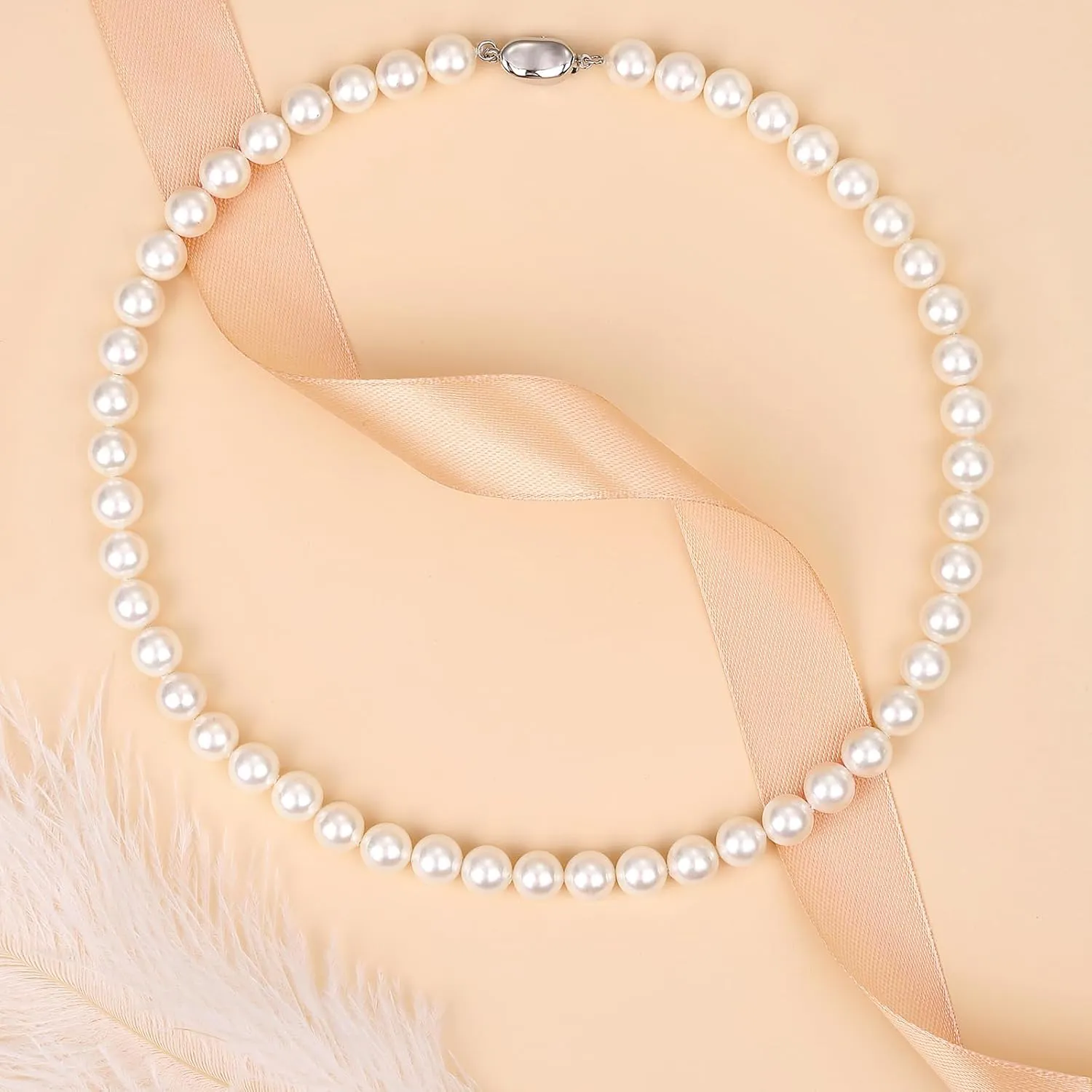 Pearl Necklaces for Women,8mm Pearl Necklace and Earring Bracelet Jewelry Set for Women Men Wedding Birthday Valentine Christmas Day Gifts
