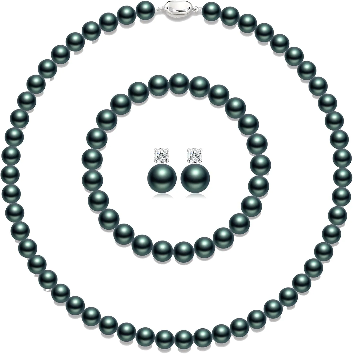 Pearl Necklaces for Women,8mm Pearl Necklace and Earring Bracelet Jewelry Set for Women Men Wedding Birthday Valentine Christmas Day Gifts