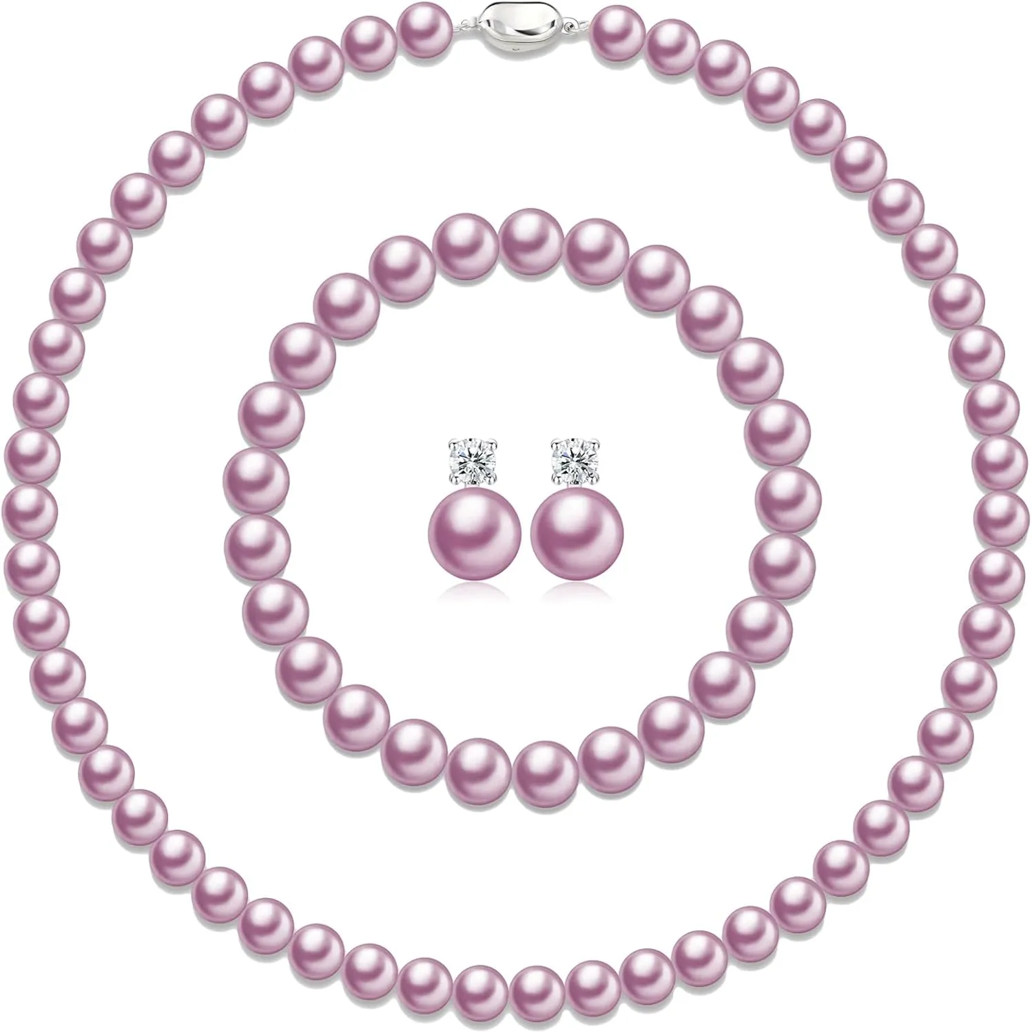 Pearl Necklaces for Women,8mm Pearl Necklace and Earring Bracelet Jewelry Set for Women Men Wedding Birthday Valentine Christmas Day Gifts