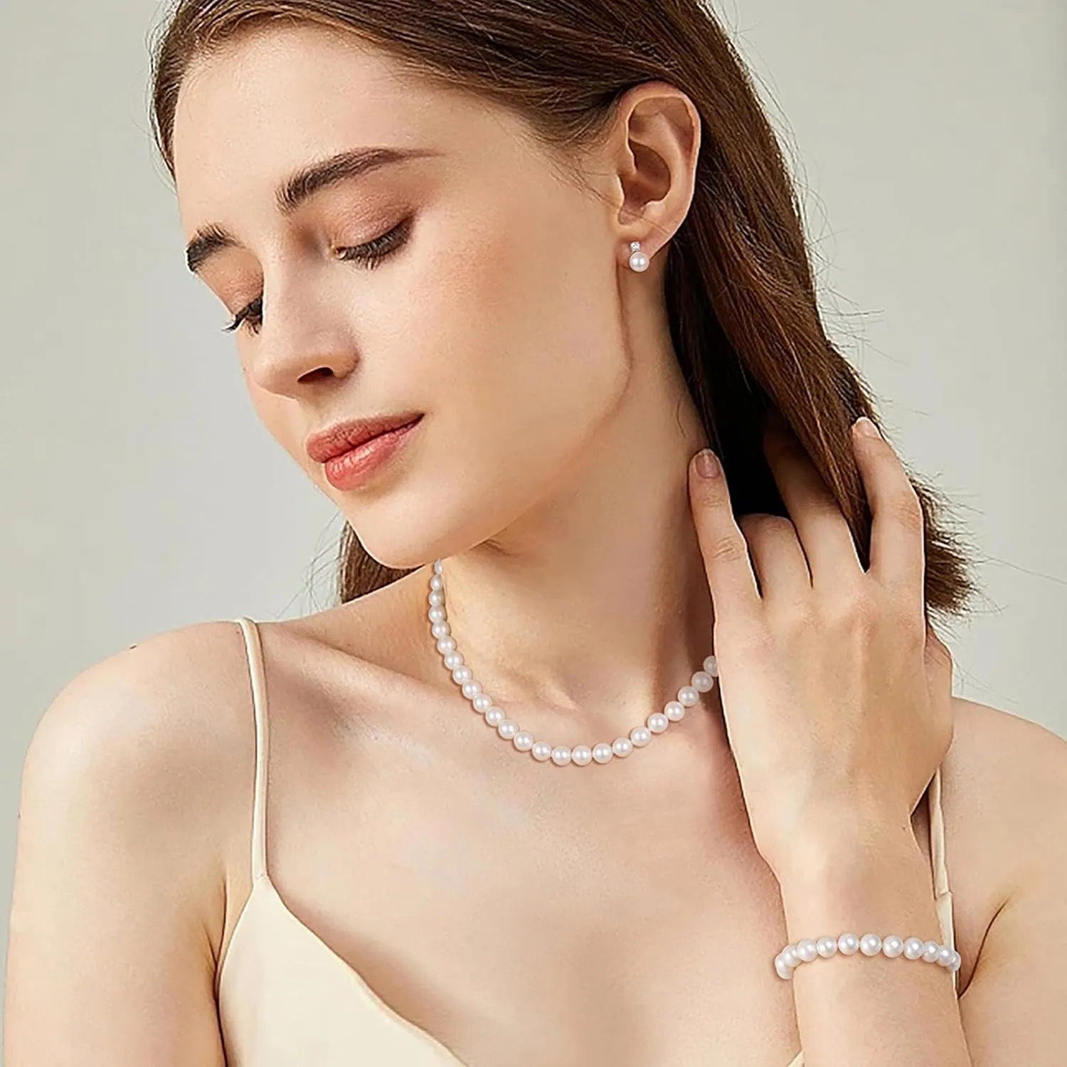 Pearl Necklaces for Women,8mm Pearl Necklace and Earring Bracelet Jewelry Set for Women Men Wedding Birthday Valentine Christmas Day Gifts