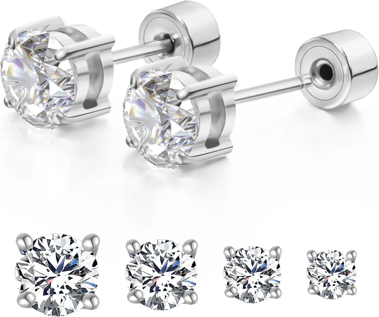 Push-in Cubic Zirconia Flat Back Stud Earrings for Women Men, 14K Gold Plated Hypoallergenic Surgical Stainless Steel Earrings Simulated Moissanite Diamond Studs Set Piercing Earrings 3-6mm