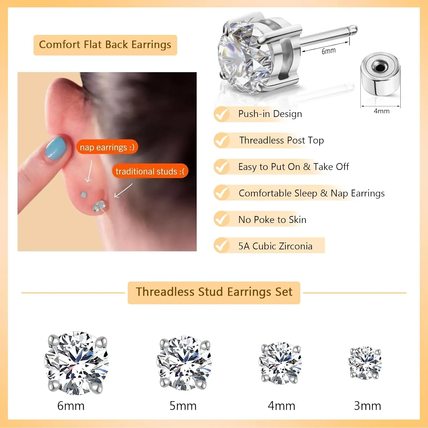 Push-in Cubic Zirconia Flat Back Stud Earrings for Women Men, 14K Gold Plated Hypoallergenic Surgical Stainless Steel Earrings Simulated Moissanite Diamond Studs Set Piercing Earrings 3-6mm