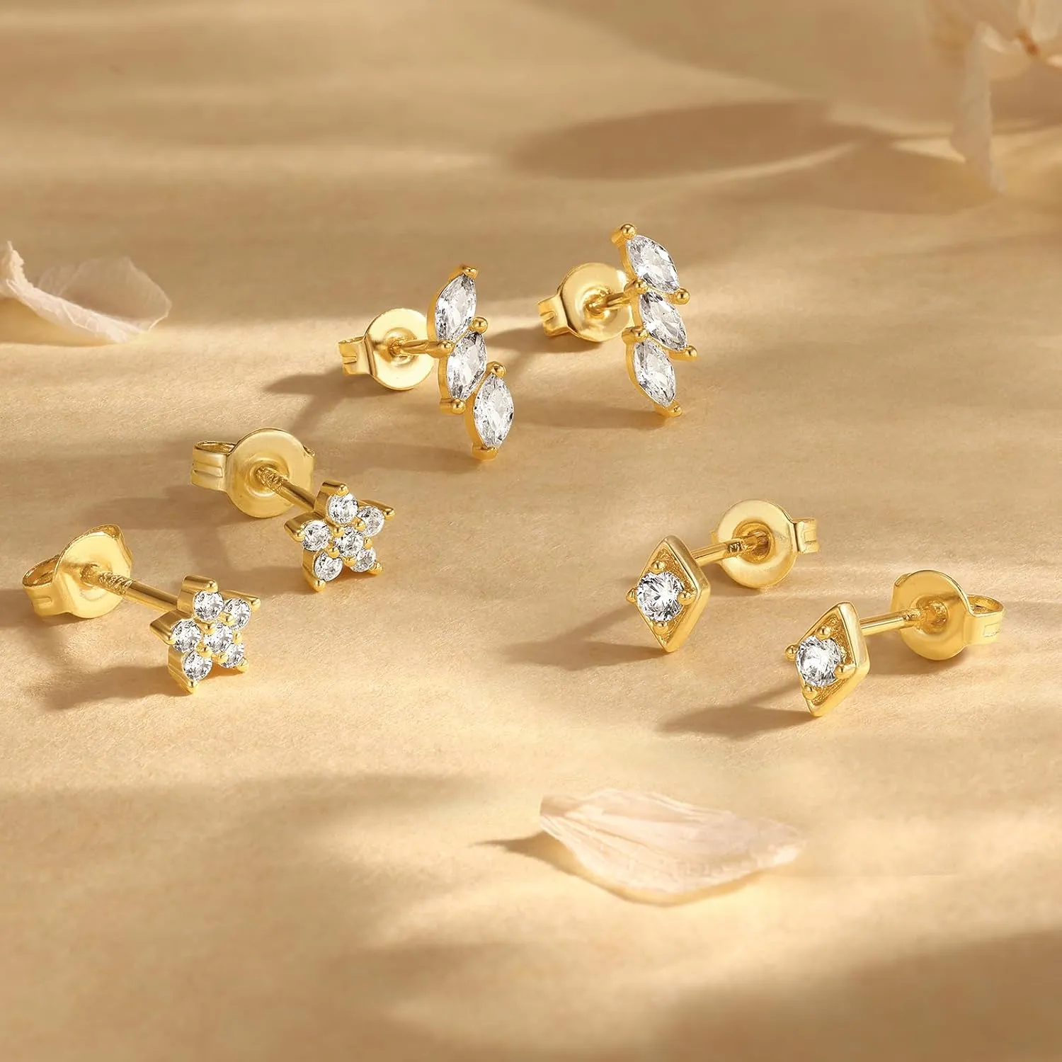 QUINBY Earrings For Women Trendy 14k Gold Plated Stud Earrings Set Hypoallergenic? Cartilage Stud Earring Cubic Zirconia Sterling Silver Earring Set For Multiple Piercing