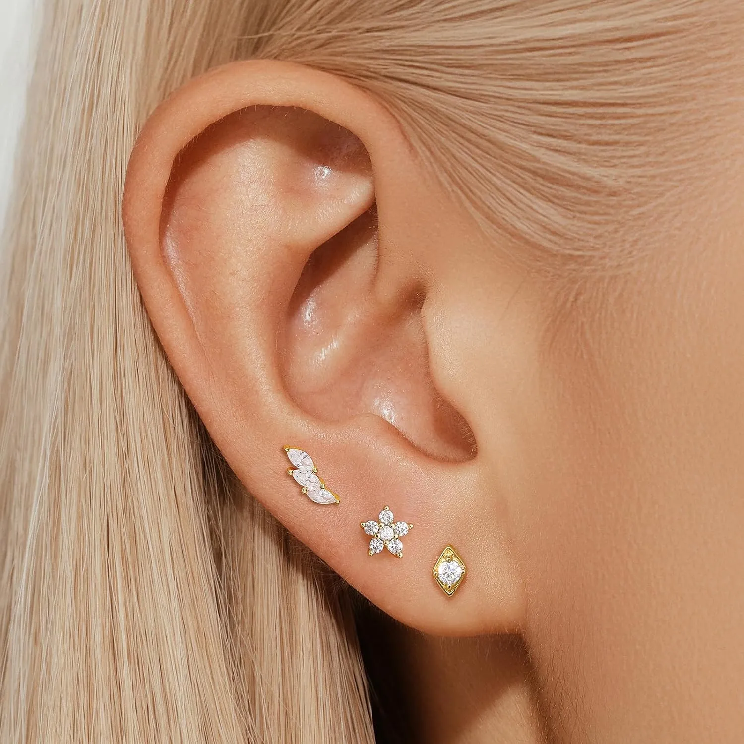 QUINBY Earrings For Women Trendy 14k Gold Plated Stud Earrings Set Hypoallergenic? Cartilage Stud Earring Cubic Zirconia Sterling Silver Earring Set For Multiple Piercing