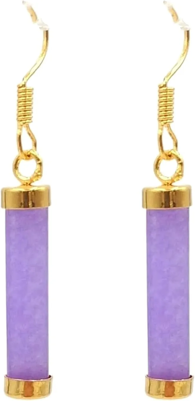 Rectangular Simulated Jade Gold-Plated Silver Dangle Earrings, Purple Jade Drop Earrings for Women