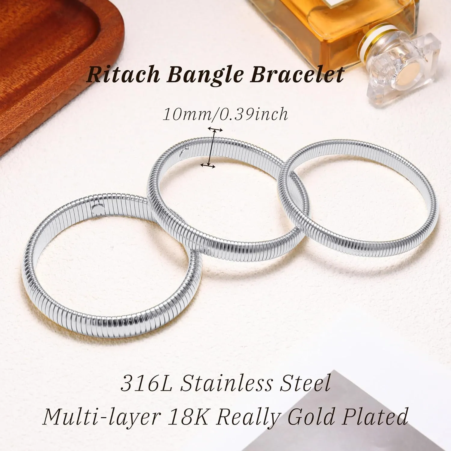 Ritach Gold Bangles for Women Chunky Stretch Bracelets Set 18K Gold Plated Stainless Steel Link Chain Bracelets Flexible Wide Wristband Bracelets Jewelry for Women