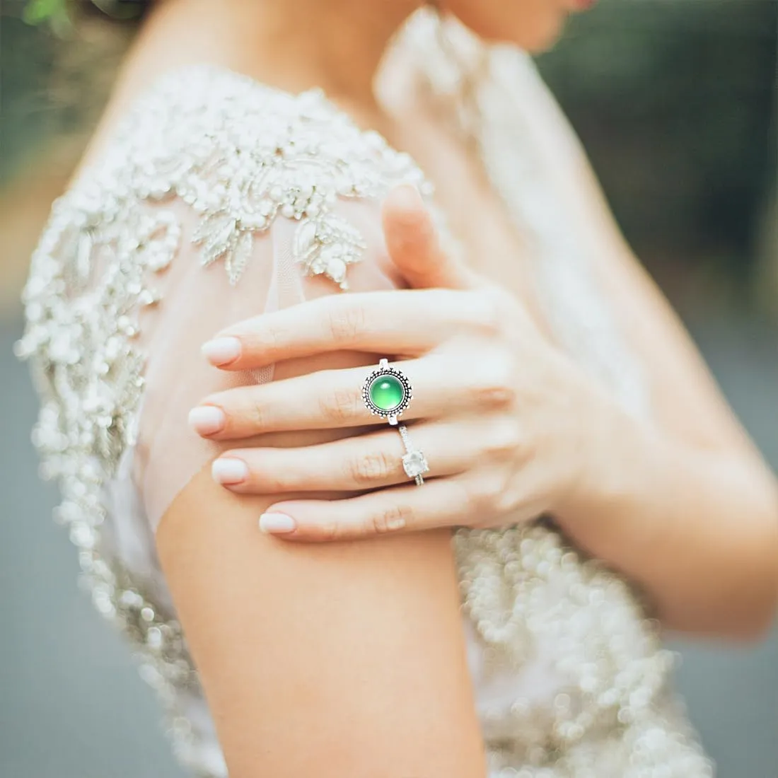 Round Natural Light Green Stone Ring,Retro S925 Sterling Silver Crystal Quartz Gemstone Bohemian Statement Ring Jewelry for Women Her (A01_Green Agate, 7)