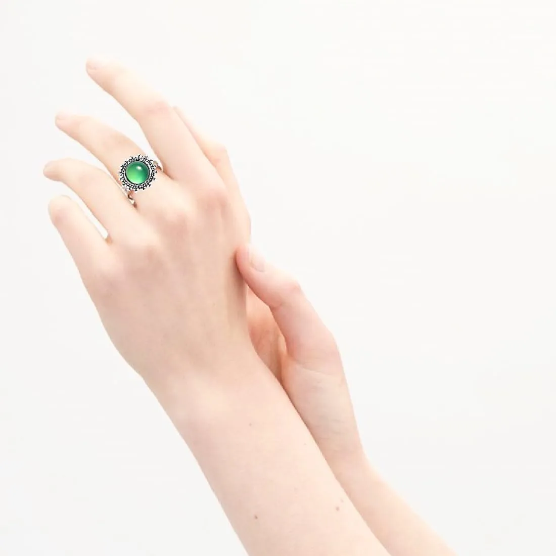 Round Natural Light Green Stone Ring,Retro S925 Sterling Silver Crystal Quartz Gemstone Bohemian Statement Ring Jewelry for Women Her (A01_Green Agate, 7)
