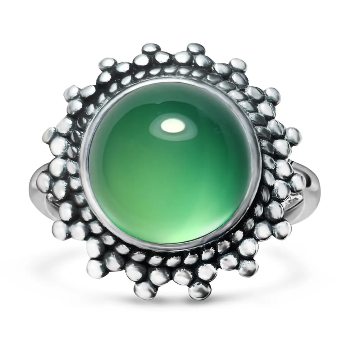 Round Natural Light Green Stone Ring,Retro S925 Sterling Silver Crystal Quartz Gemstone Bohemian Statement Ring Jewelry for Women Her (A01_Green Agate, 7)