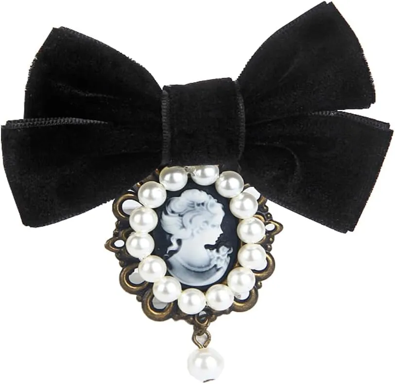 Safety Cameo Brooch Velvet Bow Pearl Brooch Pins,Vintage Red Women's Victorian Cameo Brooch Bow Ties,Pearl Brooch Pins Shawl Clips for Teen Girls Gifts