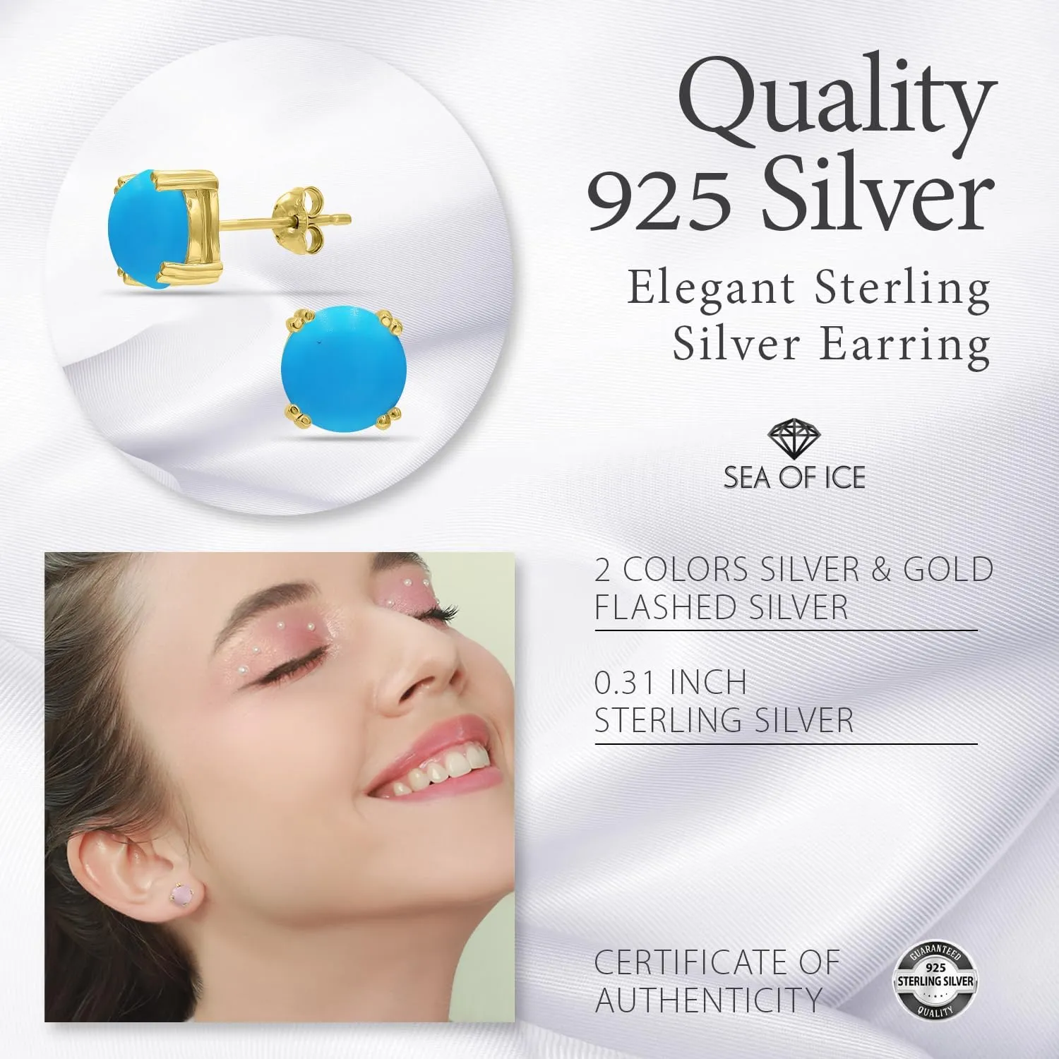 Sea of Ice Sterling Silver Round-Cut Simulated Gemstone Stud Earing for Women ??Gemstone Round cut 8 mm - Elegant Sterling Silver Earrings for Women ??Nickel-Free