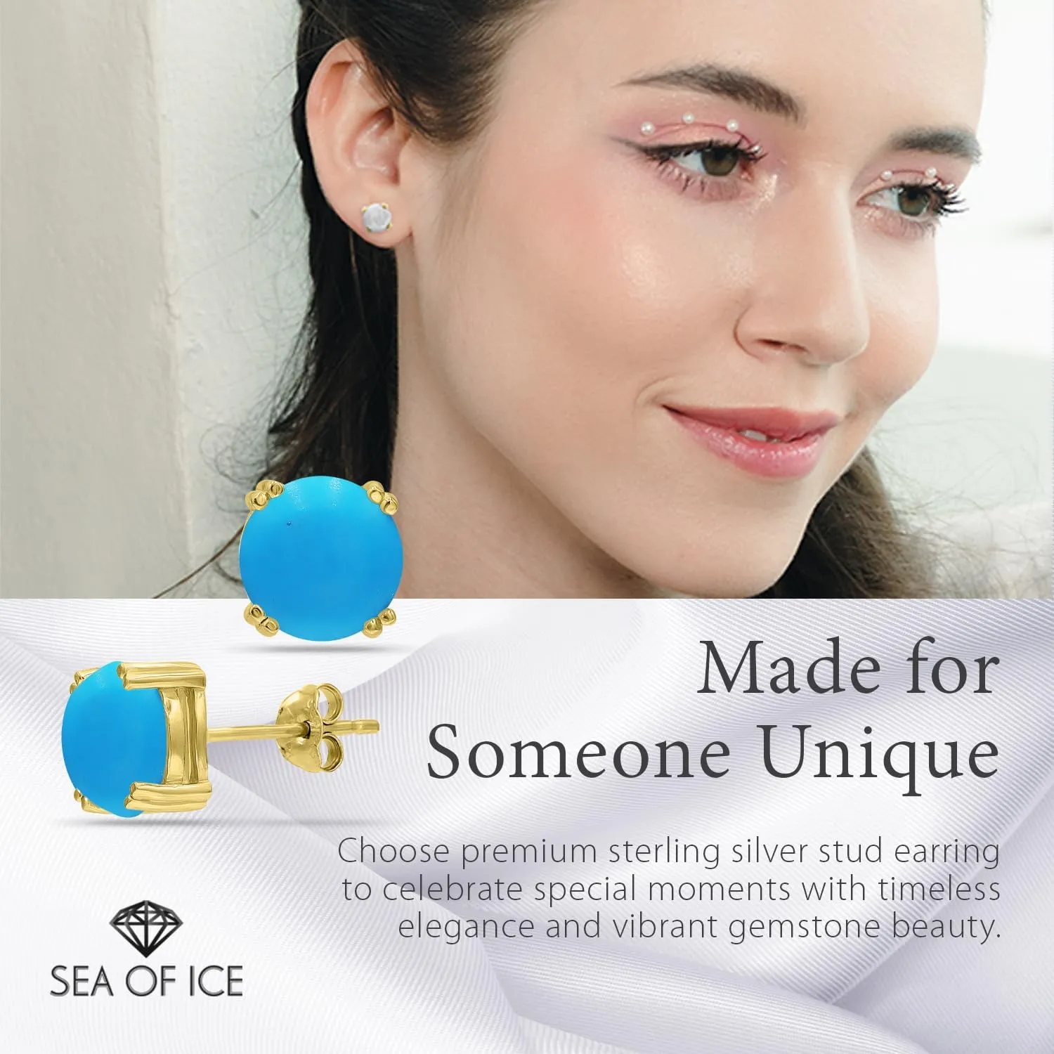 Sea of Ice Sterling Silver Round-Cut Simulated Gemstone Stud Earing for Women ??Gemstone Round cut 8 mm - Elegant Sterling Silver Earrings for Women ??Nickel-Free