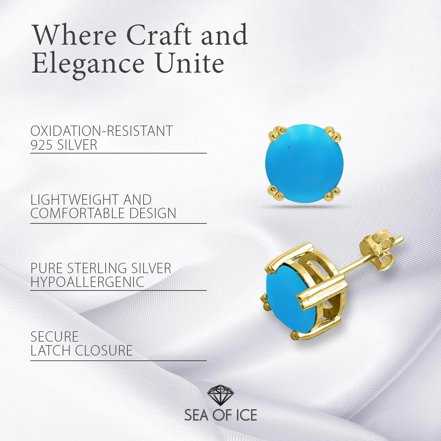 Sea of Ice Sterling Silver Round-Cut Simulated Gemstone Stud Earing for Women ??Gemstone Round cut 8 mm - Elegant Sterling Silver Earrings for Women ??Nickel-Free