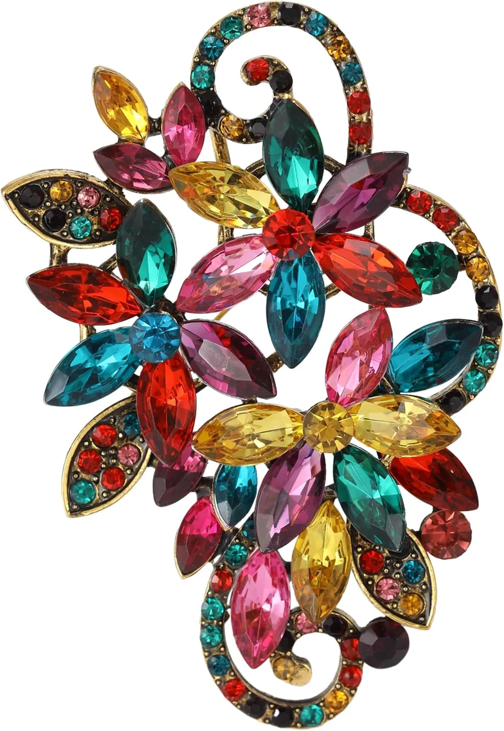 SELOVO Vintage Gold Tone Rhinestone Flower Leaf Scarf Elegant Pin Brooch For Women