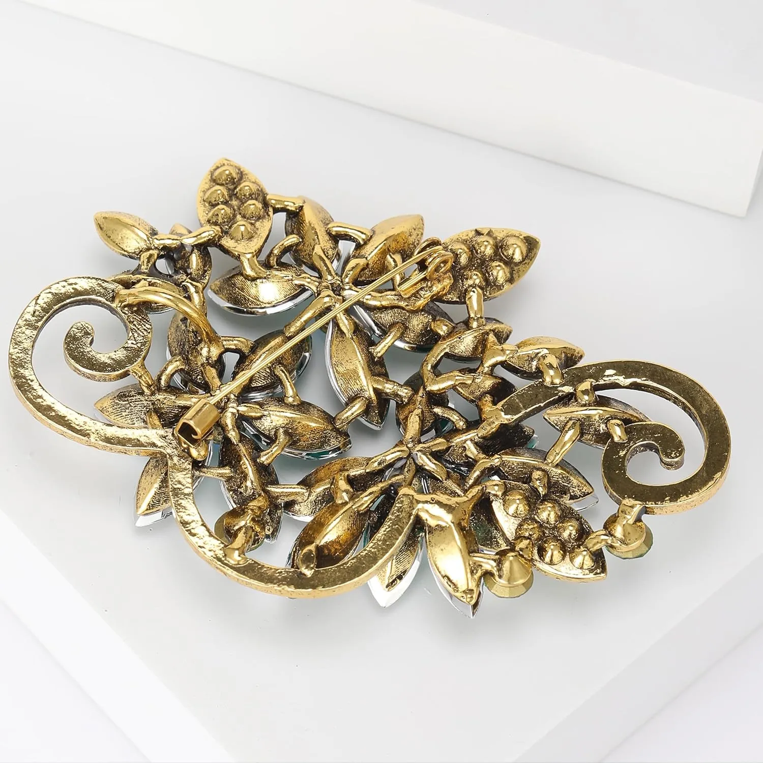 SELOVO Vintage Gold Tone Rhinestone Flower Leaf Scarf Elegant Pin Brooch For Women