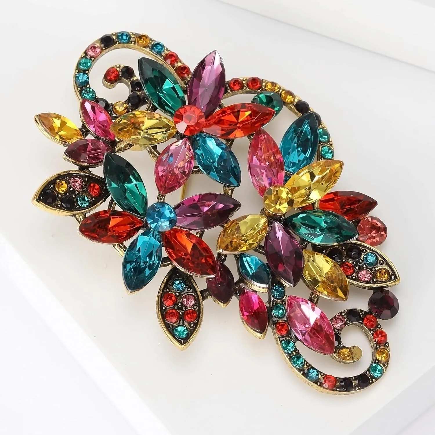 SELOVO Vintage Gold Tone Rhinestone Flower Leaf Scarf Elegant Pin Brooch For Women