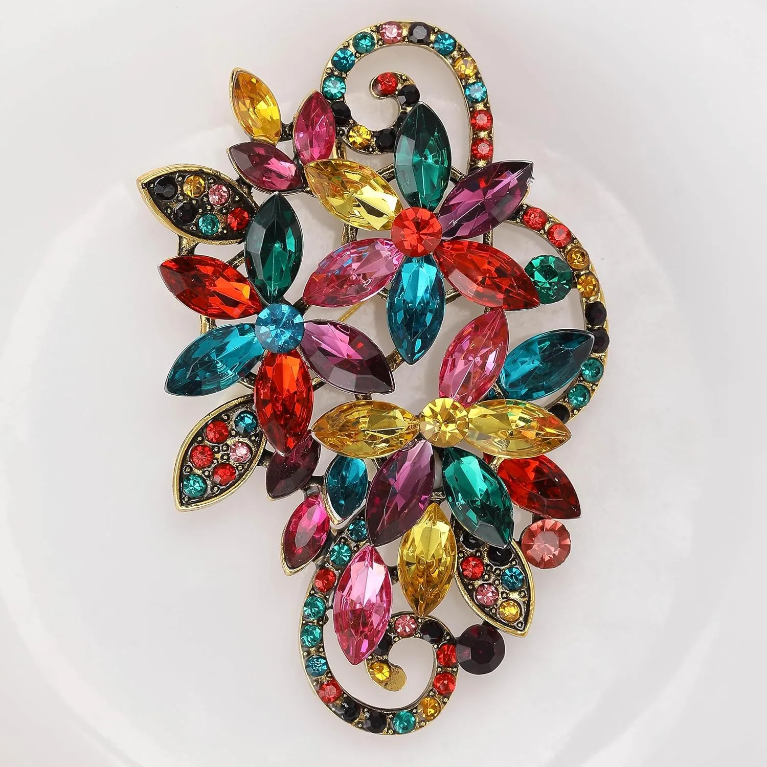 SELOVO Vintage Gold Tone Rhinestone Flower Leaf Scarf Elegant Pin Brooch For Women