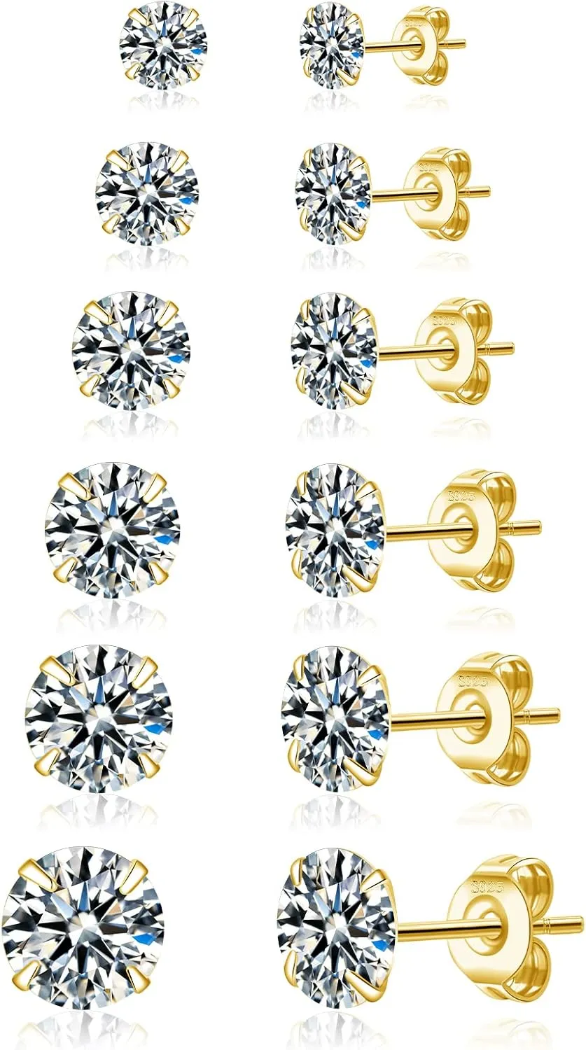 Senteria 925 Sterling Silver Stud Earrings Set Hypoallergenic Small Stud Earrings with AAAAA Cubic Zirconia Earrings Studs for Women Girls 6 Pairs 2-7MM