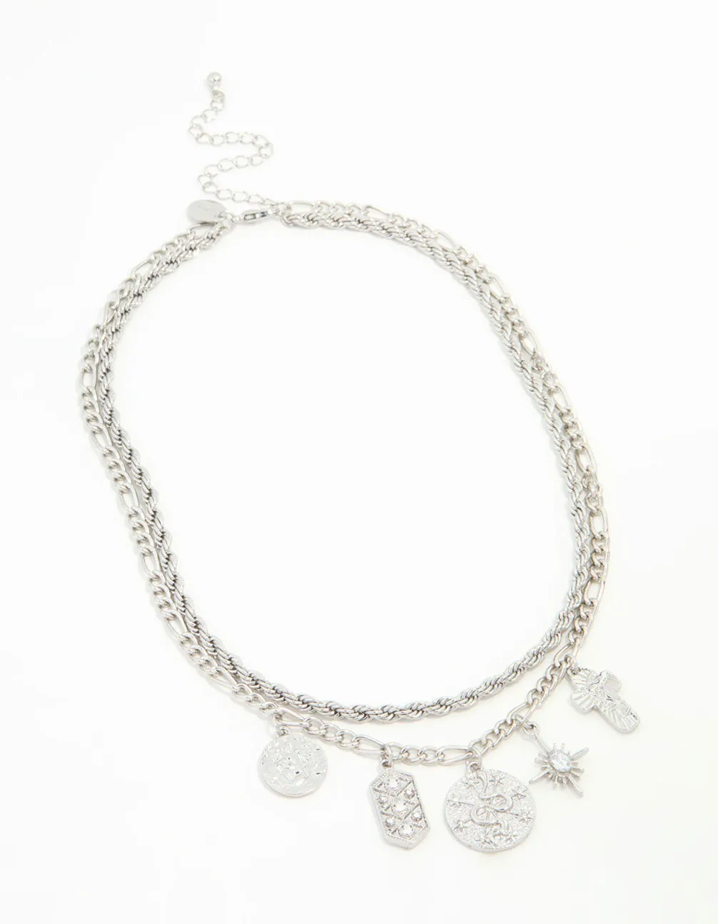 Silver Textured & Diamante Charm Layered Necklace