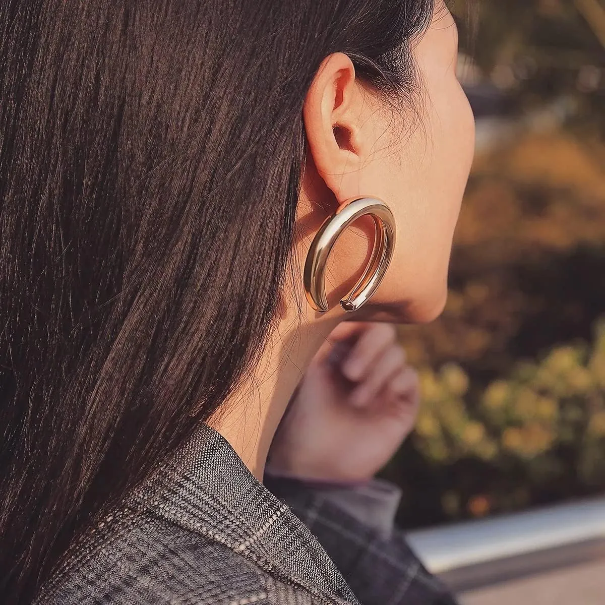 Silver,Gold Open Hoop Lightweight C Shape Chunky Hoop/Stud Earrings for Women. Large and Small Sizes.