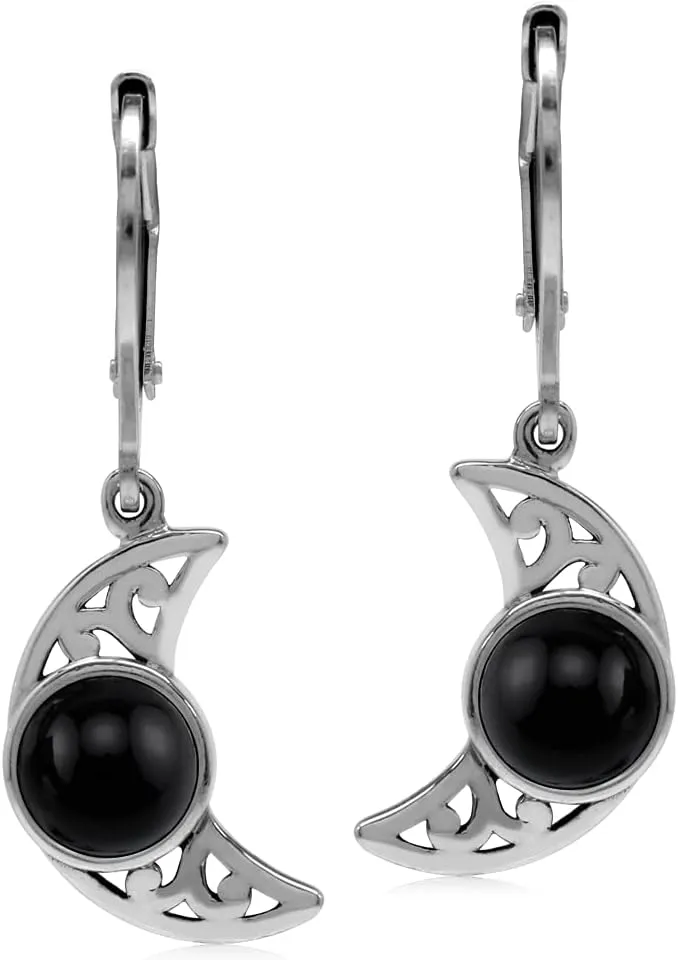 Silvershake Round Shape Gemstone Antique Finishing or Yellow Gold Plated 925 Sterling Silver Scroll/Filigree Crescent Moon Leverback Dangle Earrings or Pendant or Pendant with 18 Inch Chain Necklace
