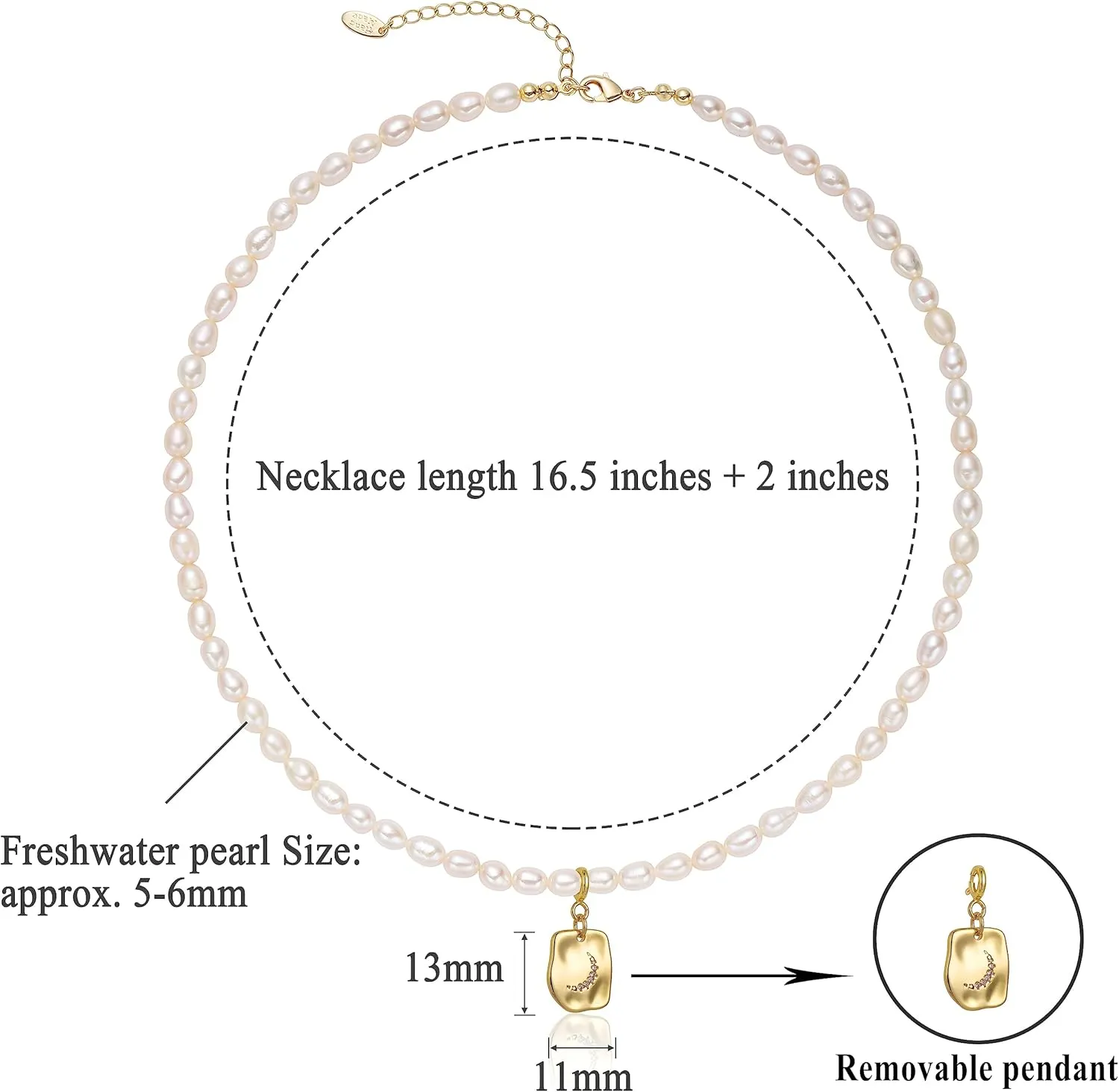 S.J JEWELRY Freshwater Pearl Necklace for Women 5mm Dainty Pearl Choker Necklaces 14K Gold Plated Rainbow Moon Pendant