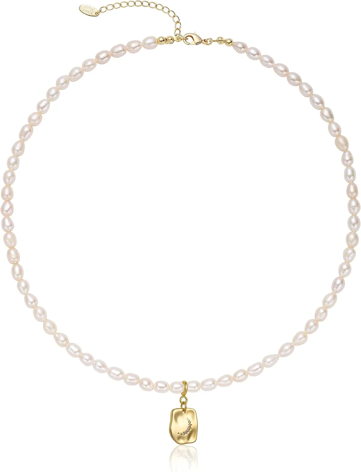 S.J JEWELRY Freshwater Pearl Necklace for Women 5mm Dainty Pearl Choker Necklaces 14K Gold Plated Rainbow Moon Pendant