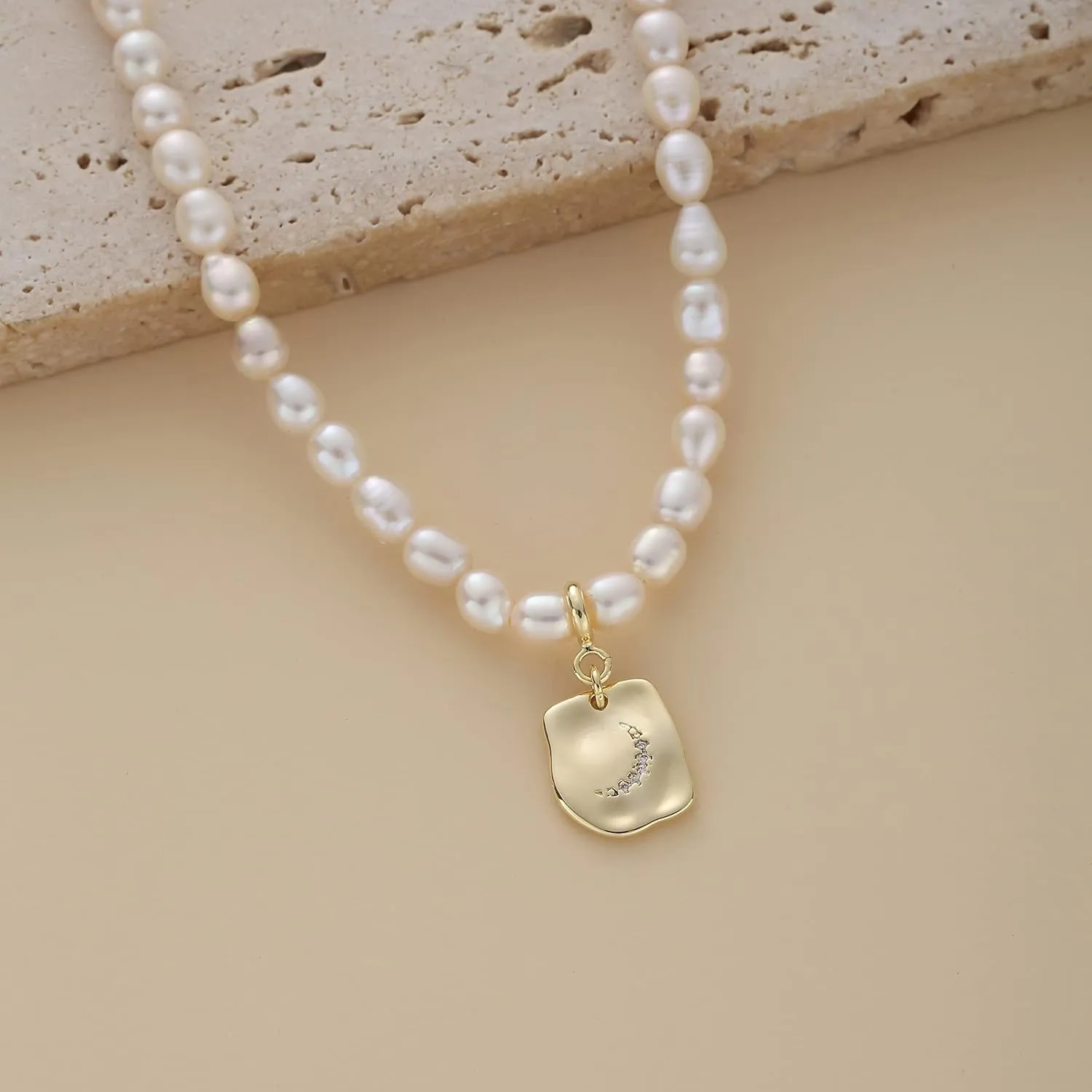 S.J JEWELRY Freshwater Pearl Necklace for Women 5mm Dainty Pearl Choker Necklaces 14K Gold Plated Rainbow Moon Pendant