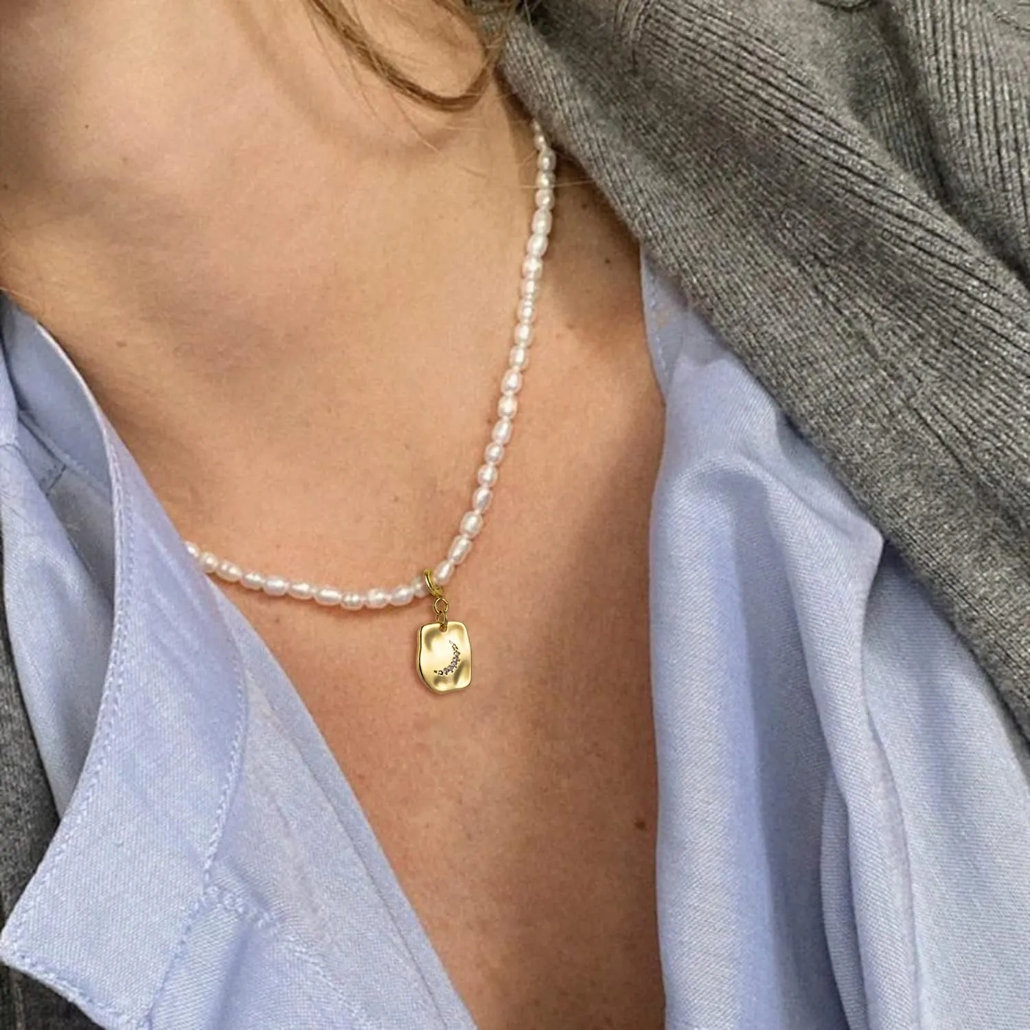 S.J JEWELRY Freshwater Pearl Necklace for Women 5mm Dainty Pearl Choker Necklaces 14K Gold Plated Rainbow Moon Pendant
