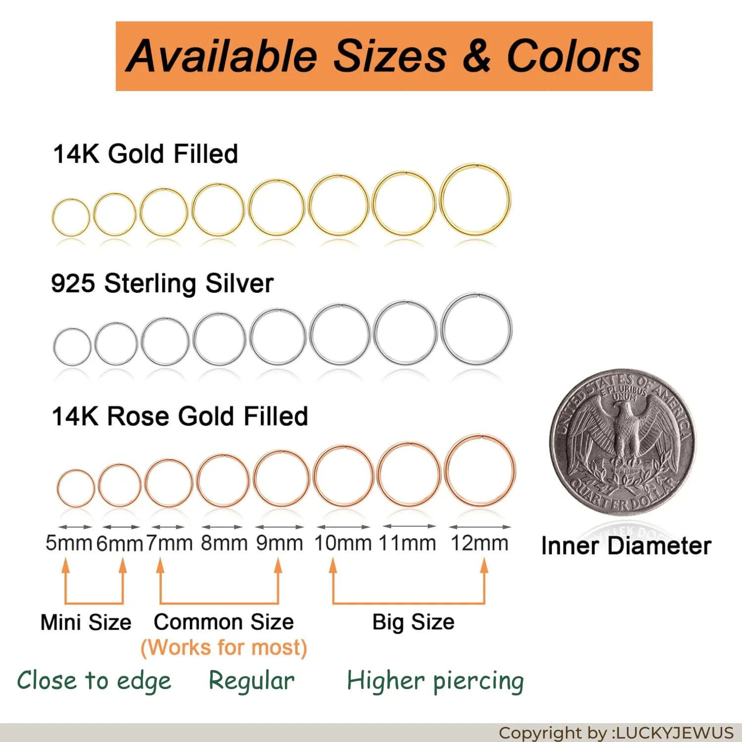 Small Thin Sterling Silver Nose Rings Hoops Septum Piercing Jewelry for Women, Hypoallergenic 7mm 24 Gauge