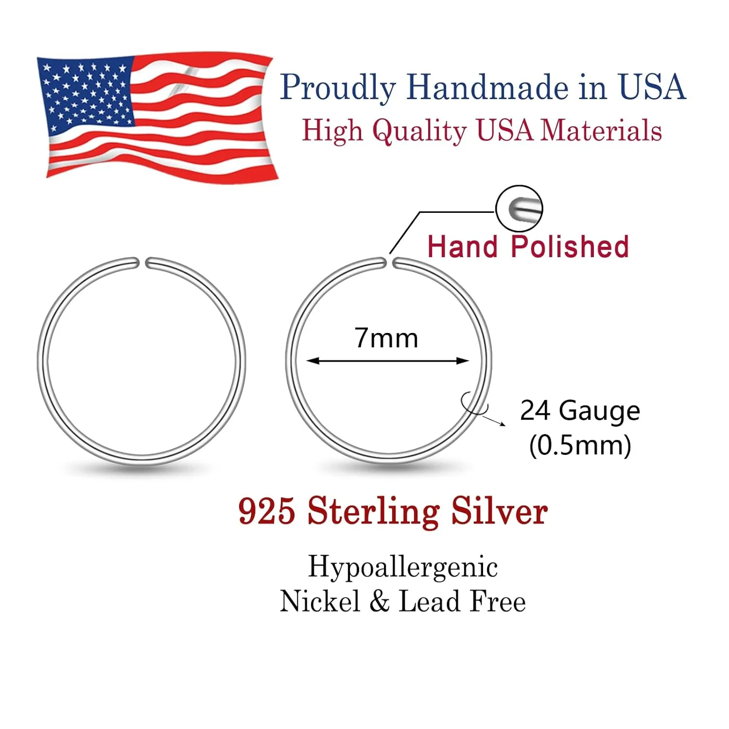 Small Thin Sterling Silver Nose Rings Hoops Septum Piercing Jewelry for Women, Hypoallergenic 7mm 24 Gauge