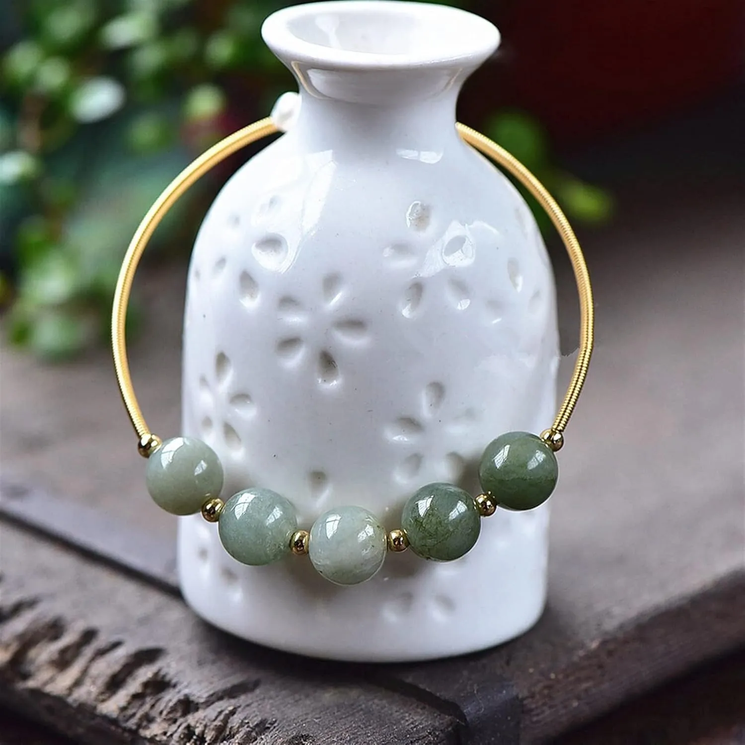 SMDSAZ Natural Green Jades Stone Round Beads Bracelet Natural Pearl 14K Gold Filled Wire Bangle Winding Handmade DIY Jewelry for Woman