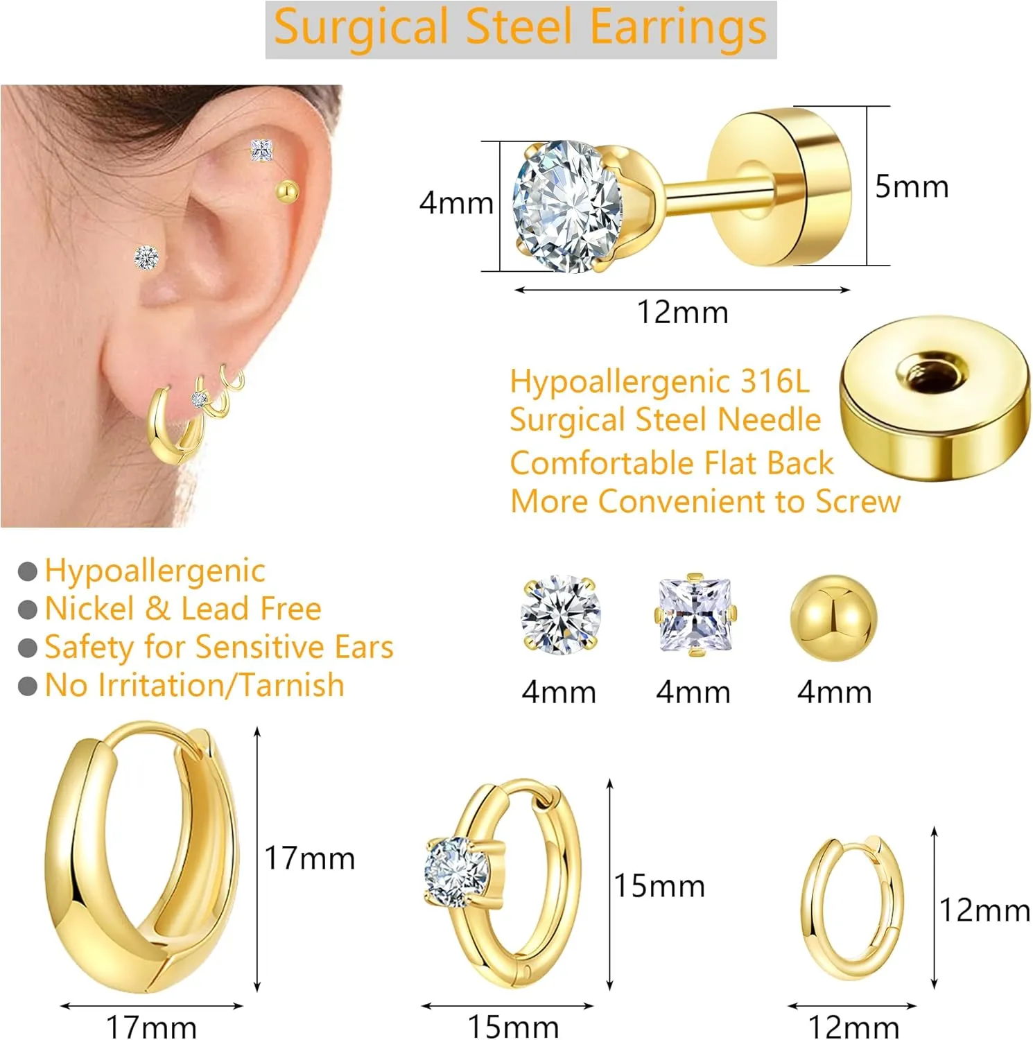 Stainless Steel Gold/Silver Plated Hoop Earrings for Women, Hypoallergenic 14k Gold Hoops Huggie Earrings Lightweight Cartilage Small CZ Ball Flatback Studs Earring Pack for Multiple Piercing
