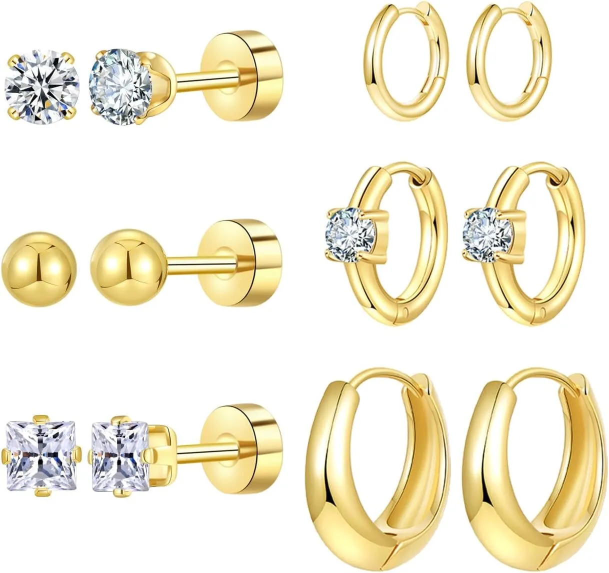 Stainless Steel Gold/Silver Plated Hoop Earrings for Women, Hypoallergenic 14k Gold Hoops Huggie Earrings Lightweight Cartilage Small CZ Ball Flatback Studs Earring Pack for Multiple Piercing