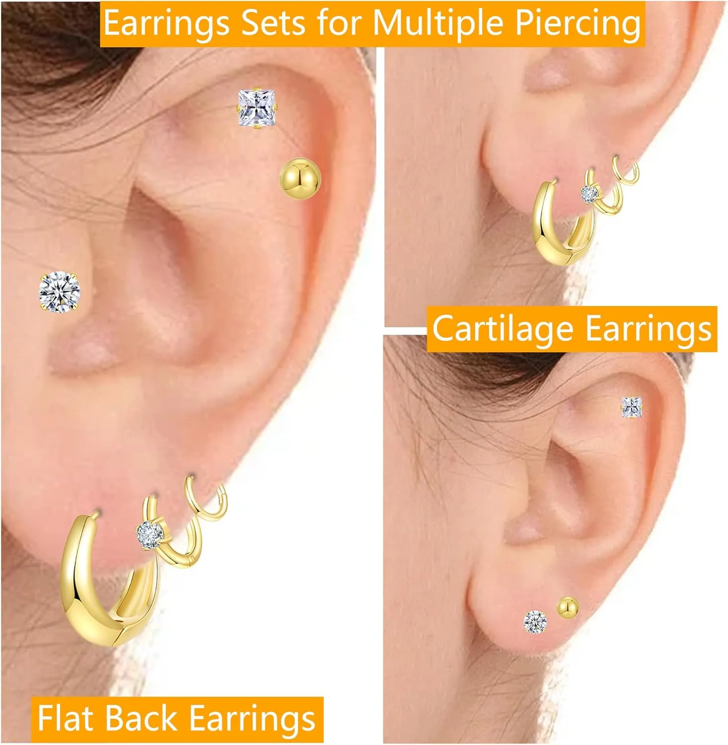 Stainless Steel Gold/Silver Plated Hoop Earrings for Women, Hypoallergenic 14k Gold Hoops Huggie Earrings Lightweight Cartilage Small CZ Ball Flatback Studs Earring Pack for Multiple Piercing